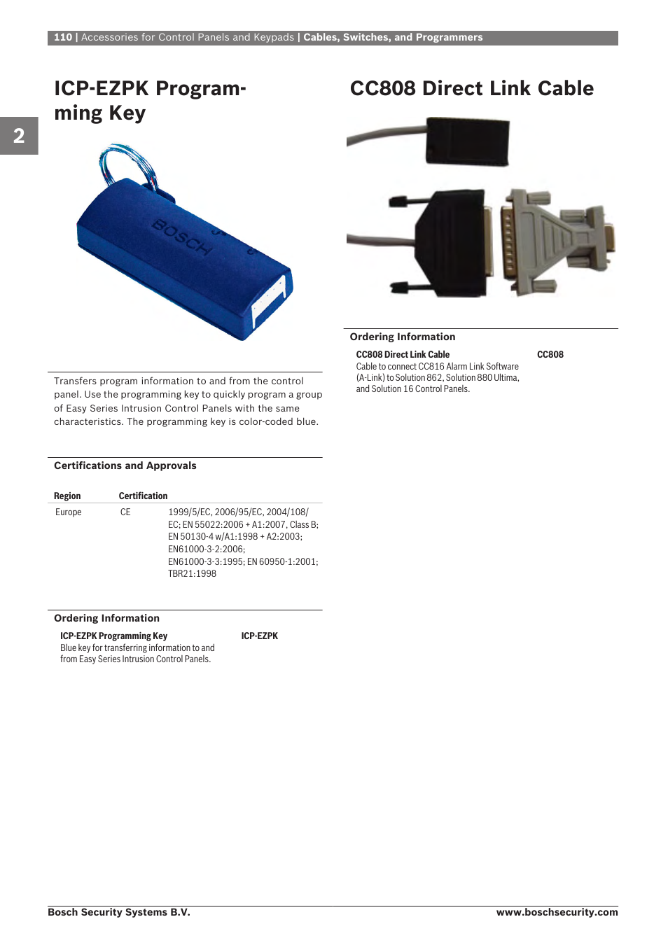 Icp‑ezpk programming key, Cc808 direct link cable, Cables, switches, and programmers | Icp‑ezpk program- ming key | Bosch 8-Dec User Manual | Page 118 / 506