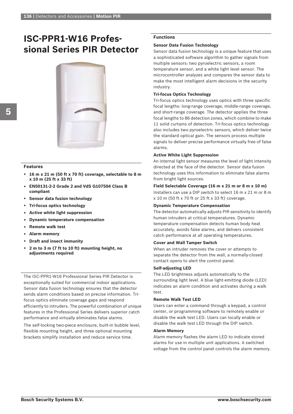 Isc‑ppr1‑w16 professional series pir detector, Motion pir, Isc‑ppr1‑w16 profes- sional series pir detector | Bosch 8-Dec User Manual | Page 144 / 506
