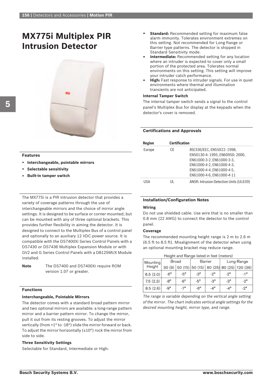 Mx775i multiplex pir intrusion detector | Bosch 8-Dec User Manual | Page 164 / 506