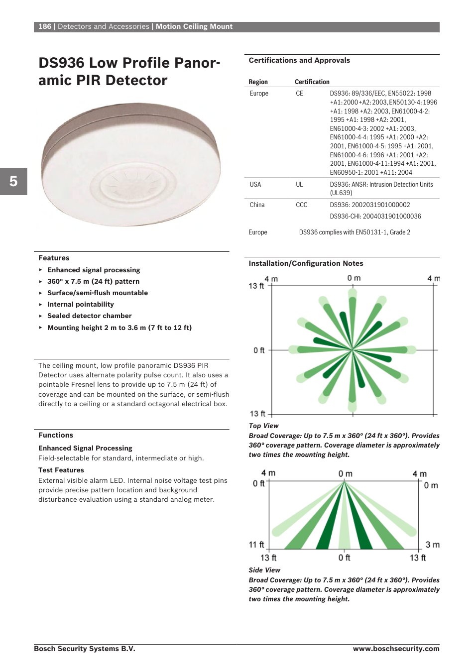 Ds936 low profile panoramic pir detector, Motion ceiling mount, Ds936 low profile panor- amic pir detector | Bosch 8-Dec User Manual | Page 194 / 506