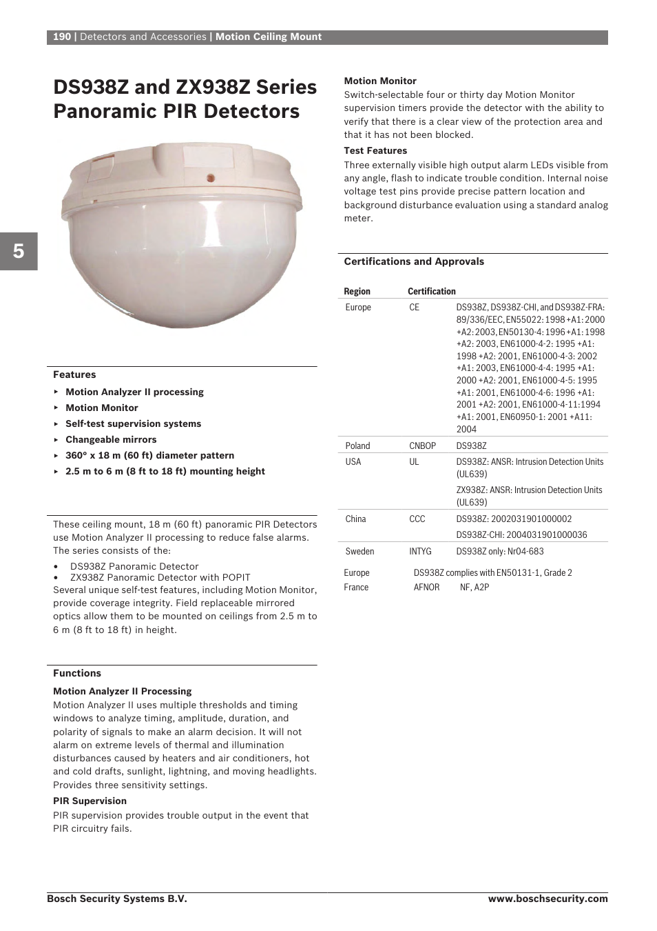 Ds938z and zx938z series panoramic pir detectors, Ds938z and zx938z series panoramic, Pir detectors | Bosch 8-Dec User Manual | Page 198 / 506