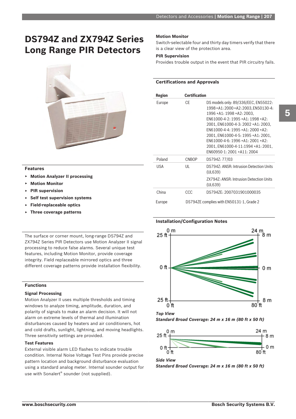 Ds794z and zx794z series long range pir detectors, Ds794z and zx794z series long range pir, Detectors | Bosch 8-Dec User Manual | Page 215 / 506