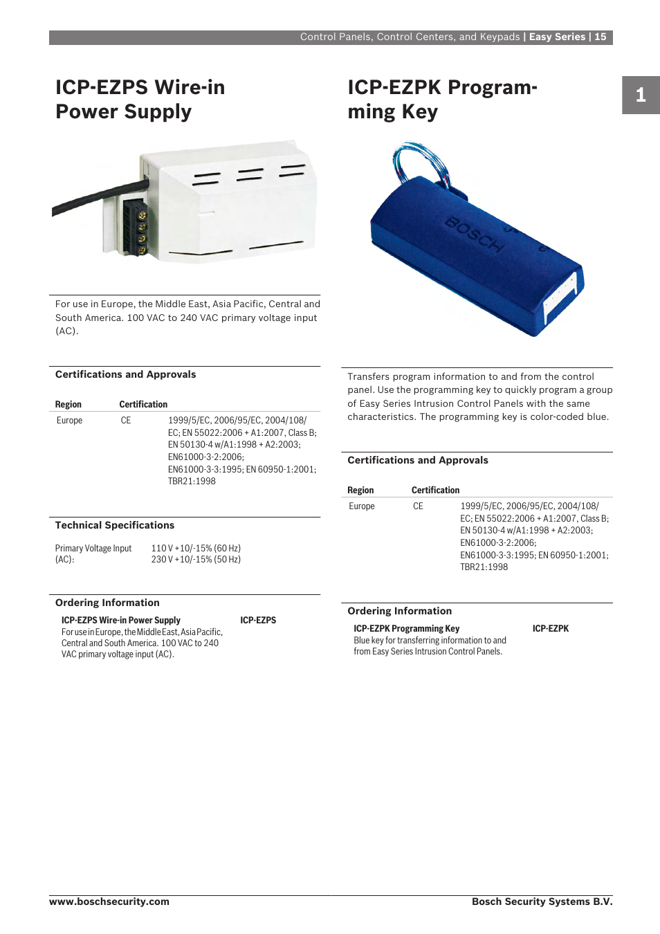 Icp‑ezps wire‑in power supply, Icp‑ezpk programming key, Icp‑ezpk program- ming key | Bosch 8-Dec User Manual | Page 23 / 506