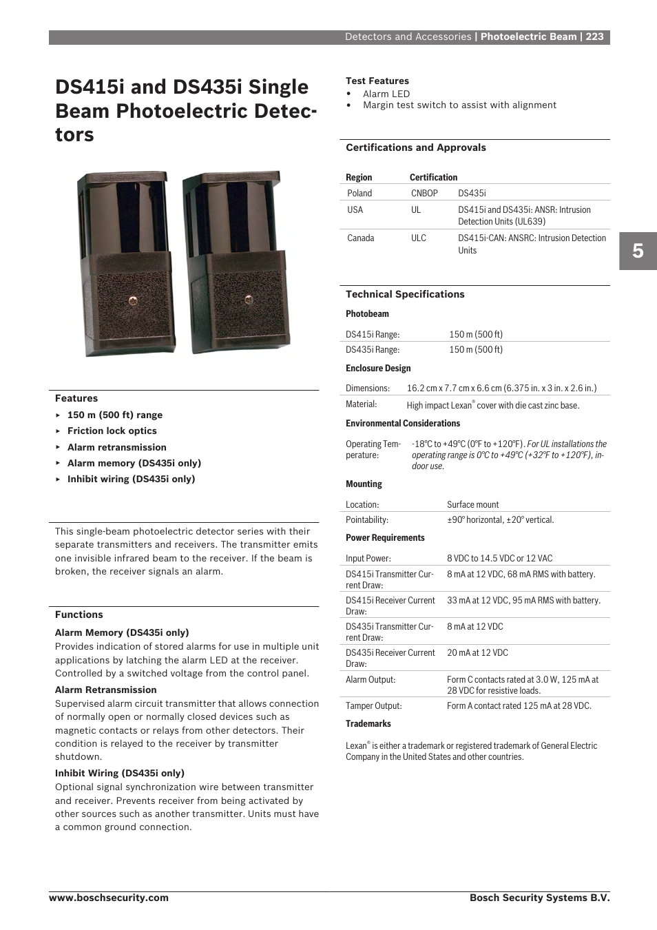 Photoelectric beam, Ds415i and ds435i single beam photoelectric, Detectors | Bosch 8-Dec User Manual | Page 231 / 506