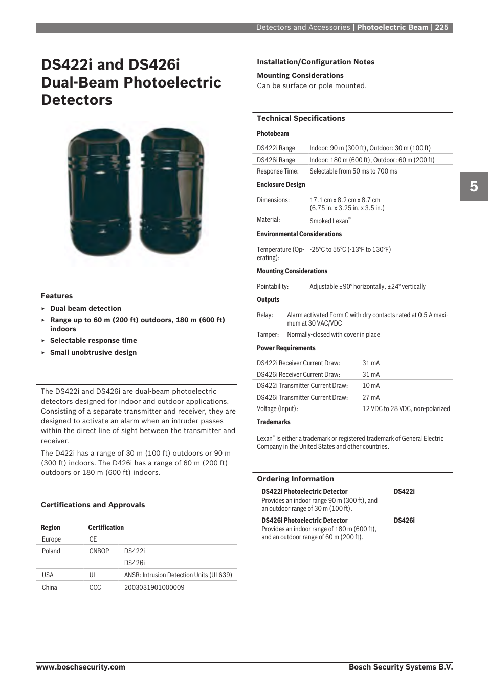 Ds422i and ds426i dual‑beam photoelectric, Detectors | Bosch 8-Dec User Manual | Page 233 / 506