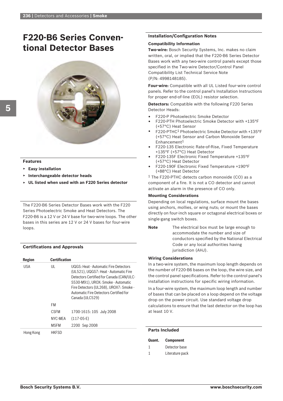 F220‑b6 series conventional detector bases, F220‑b6 series conven- tional detector bases | Bosch 8-Dec User Manual | Page 244 / 506