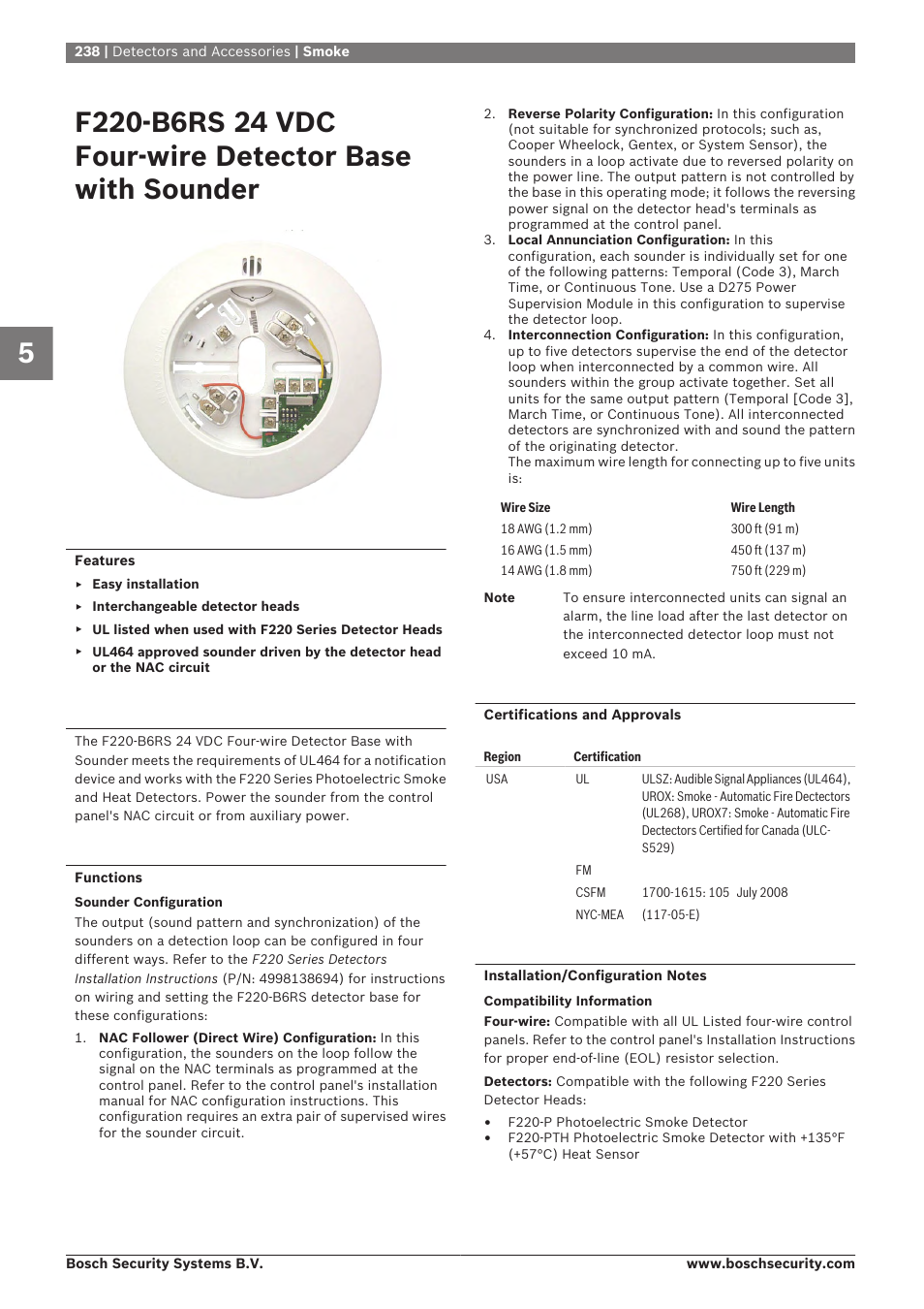 F220‑b6rs 24 vdc four‑wire detector base with, Sounder | Bosch 8-Dec User Manual | Page 246 / 506