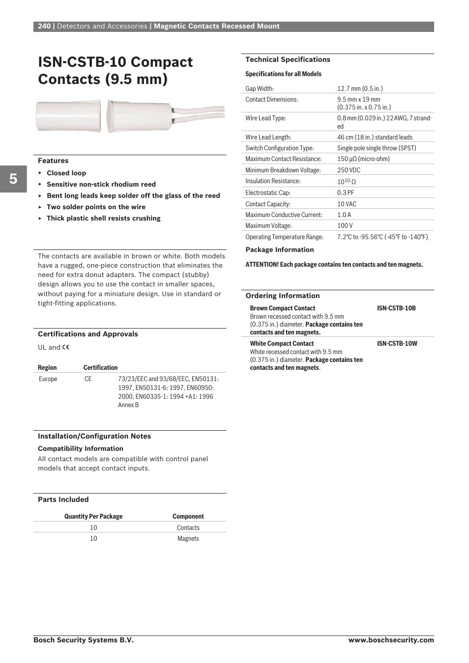 Isn‑cstb‑10 compact contacts (9.5 mm), Magnetic contacts recessed mount | Bosch 8-Dec User Manual | Page 248 / 506