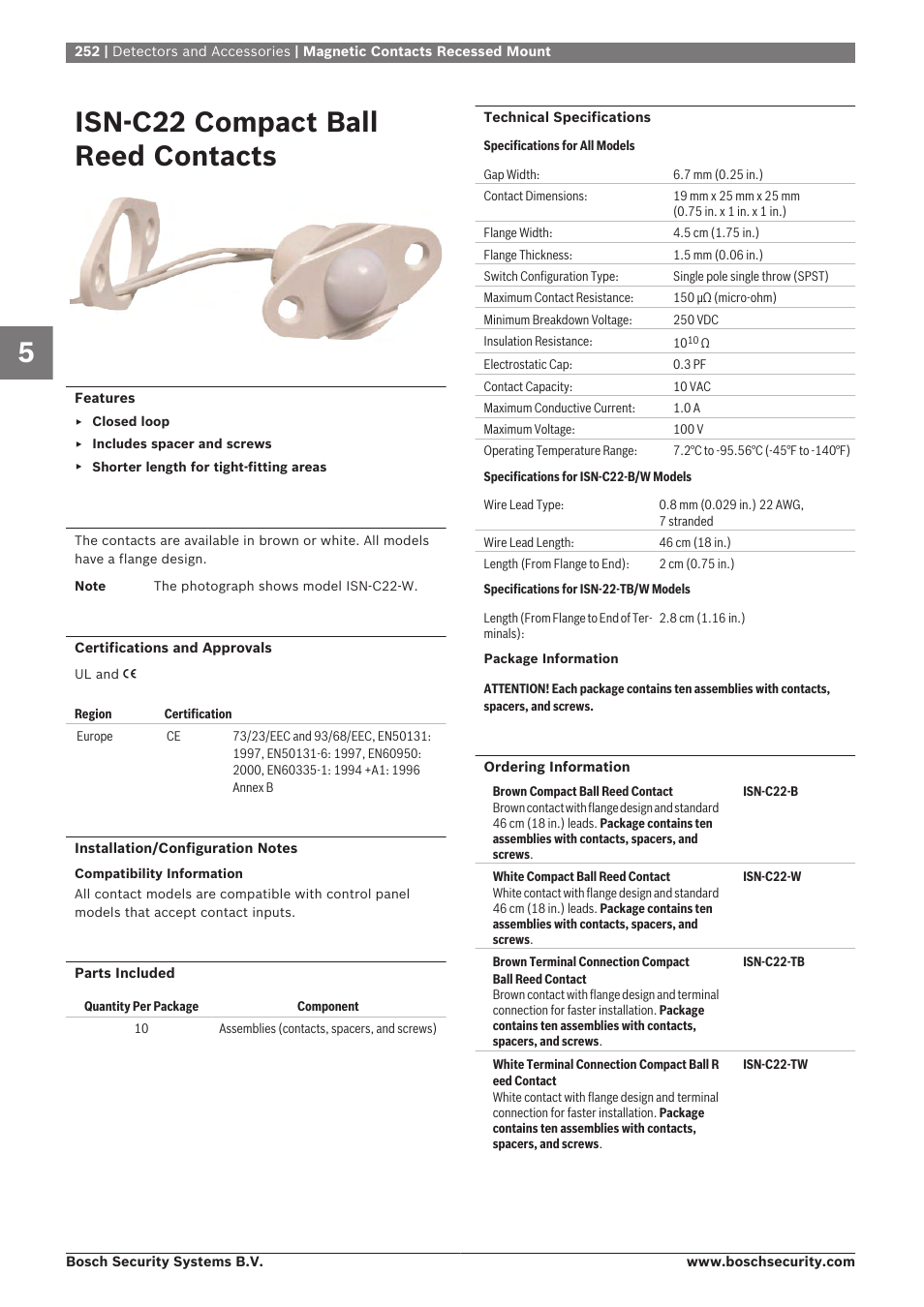 Isn‑c22 compact ball reed contacts | Bosch 8-Dec User Manual | Page 260 / 506