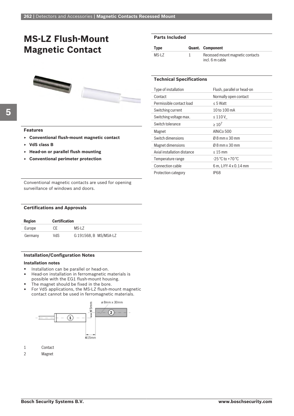 Ms-lz flush-mount magnetic contact | Bosch 8-Dec User Manual | Page 270 / 506