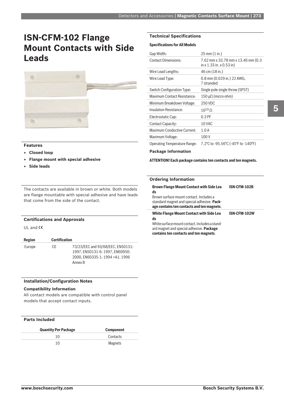 Isn‑cfm‑102 flange mount contacts with side leads, Isn‑cfm‑102 flange mount contacts with side, Leads | Bosch 8-Dec User Manual | Page 281 / 506