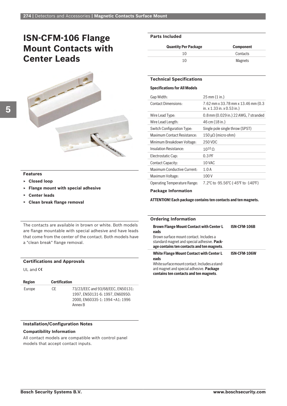 Isn‑cfm‑106 flange mount contacts with center, Leads | Bosch 8-Dec User Manual | Page 282 / 506