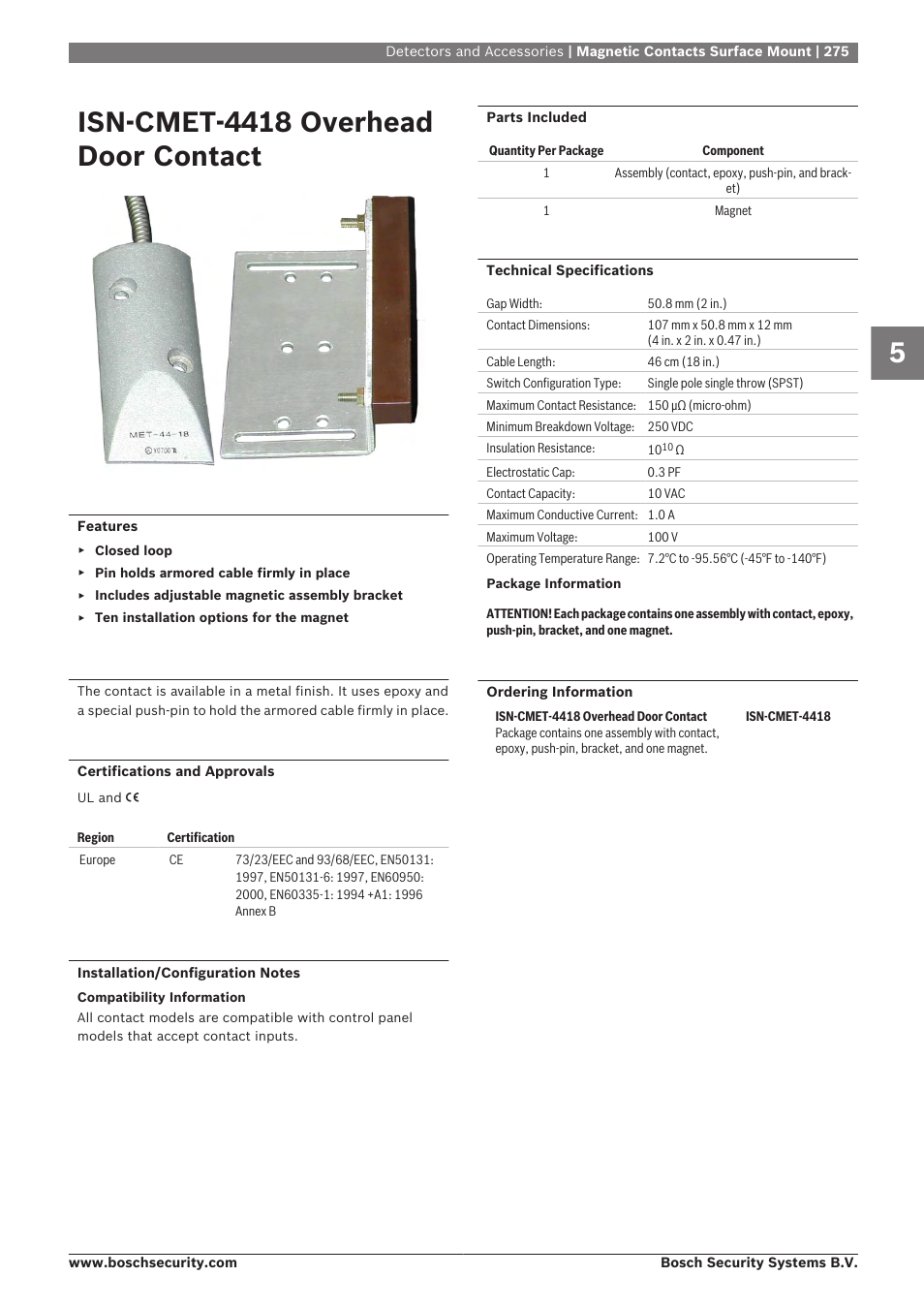 Isn‑cmet‑4418 overhead door contact | Bosch 8-Dec User Manual | Page 283 / 506