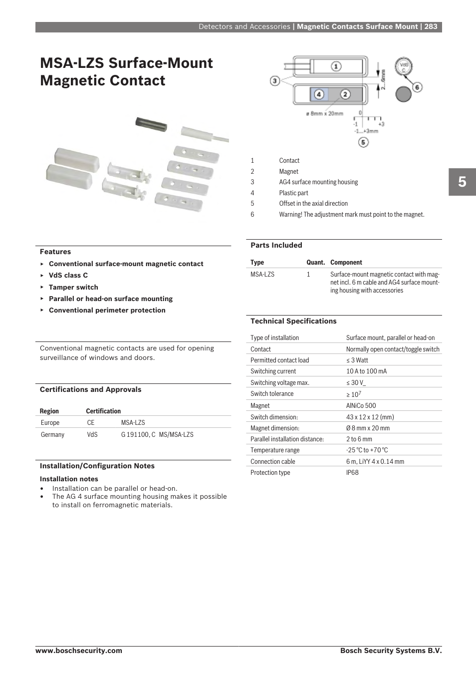 Msa-lzs surface-mount magnetic contact | Bosch 8-Dec User Manual | Page 291 / 506