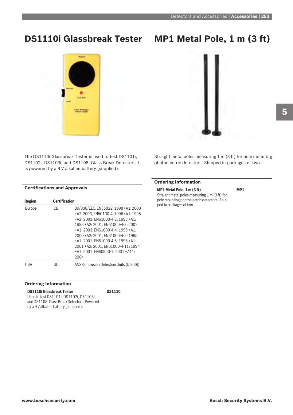 Ds1110i glassbreak tester, Mp1 metal pole, 1 m (3 ft) | Bosch 8-Dec User Manual | Page 301 / 506