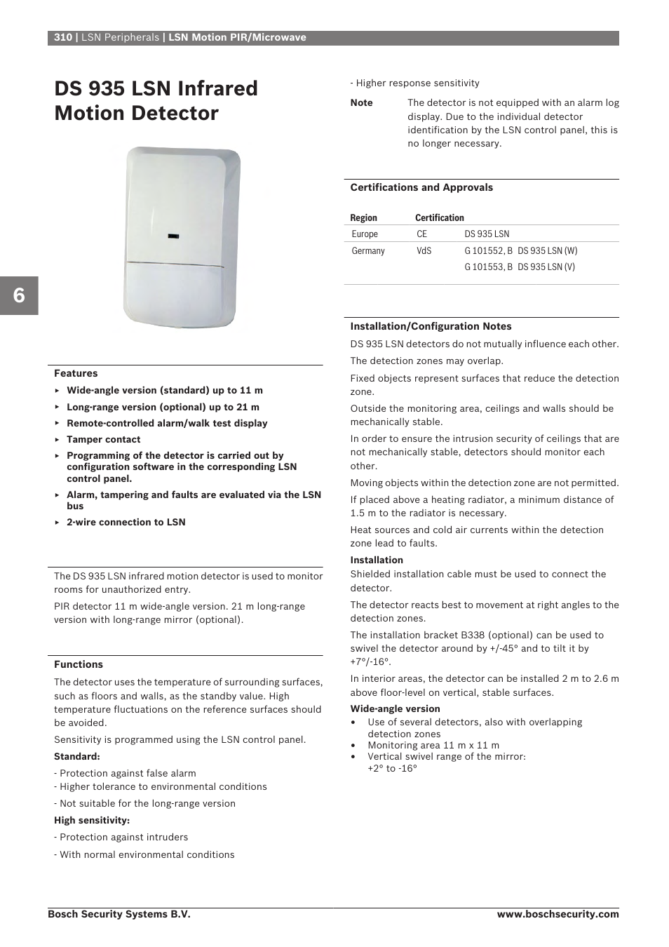 Ds 935 lsn infrared motion detector | Bosch 8-Dec User Manual | Page 318 / 506