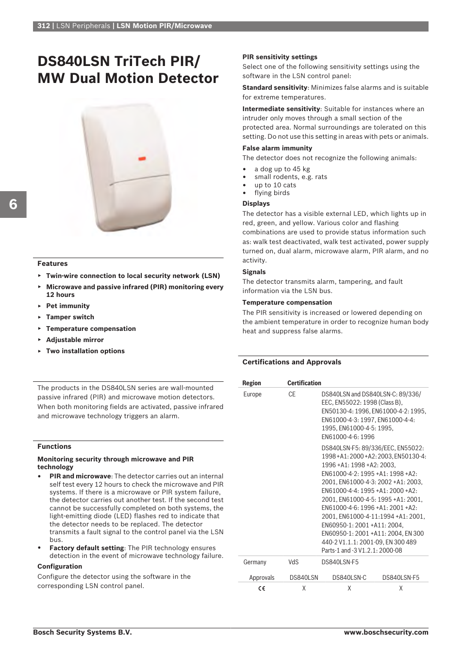 Ds840lsn tritech pir/mw dual motion detector, Ds840lsn tritech pir/ mw dual motion detector | Bosch 8-Dec User Manual | Page 320 / 506