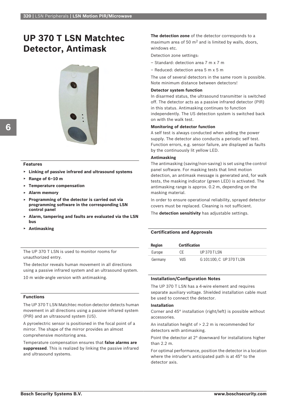 Up 370 t lsn matchtec detector, antimask | Bosch 8-Dec User Manual | Page 328 / 506