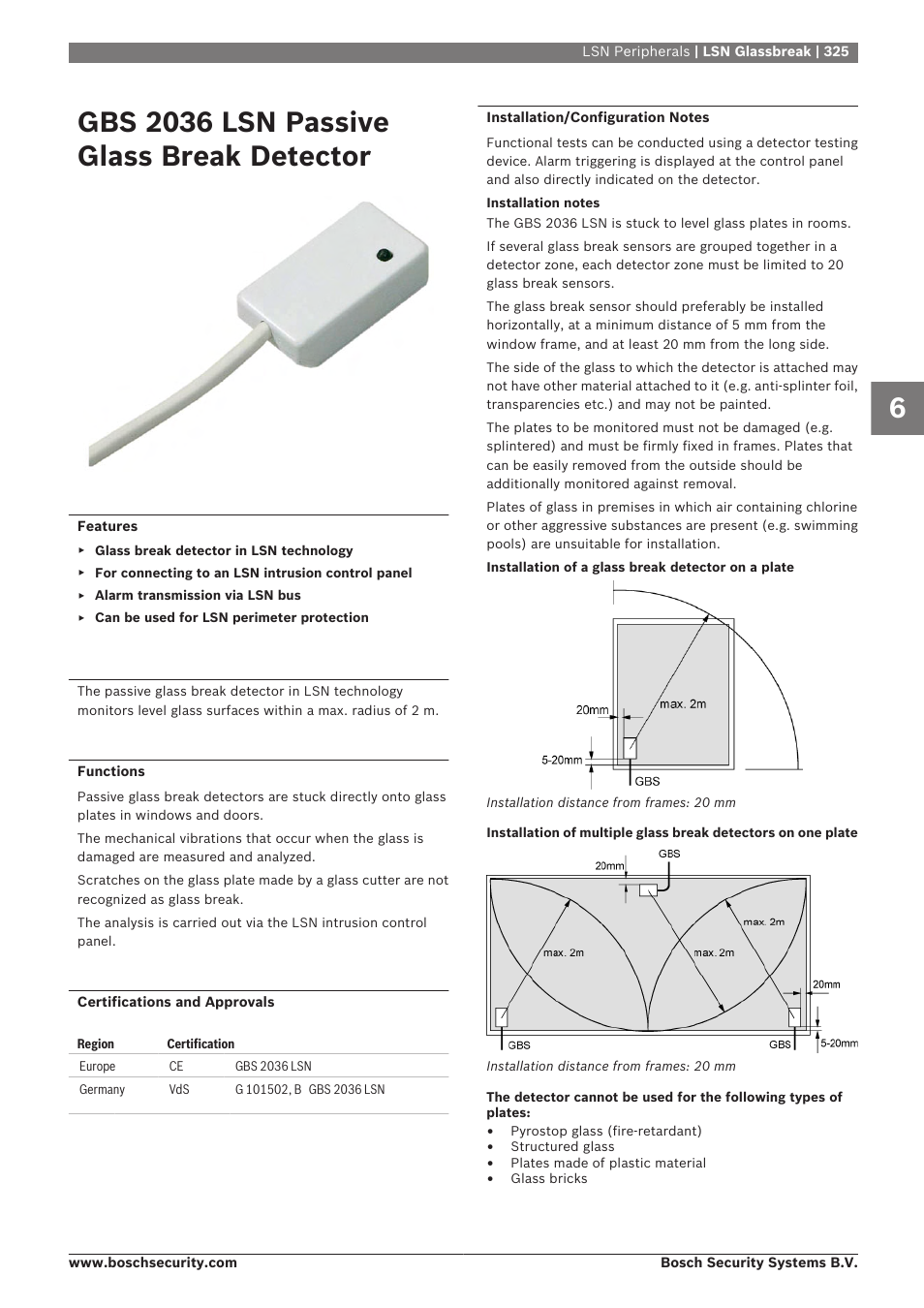 Gbs 2036 lsn passive glass break detector, Lsn glassbreak | Bosch 8-Dec User Manual | Page 333 / 506