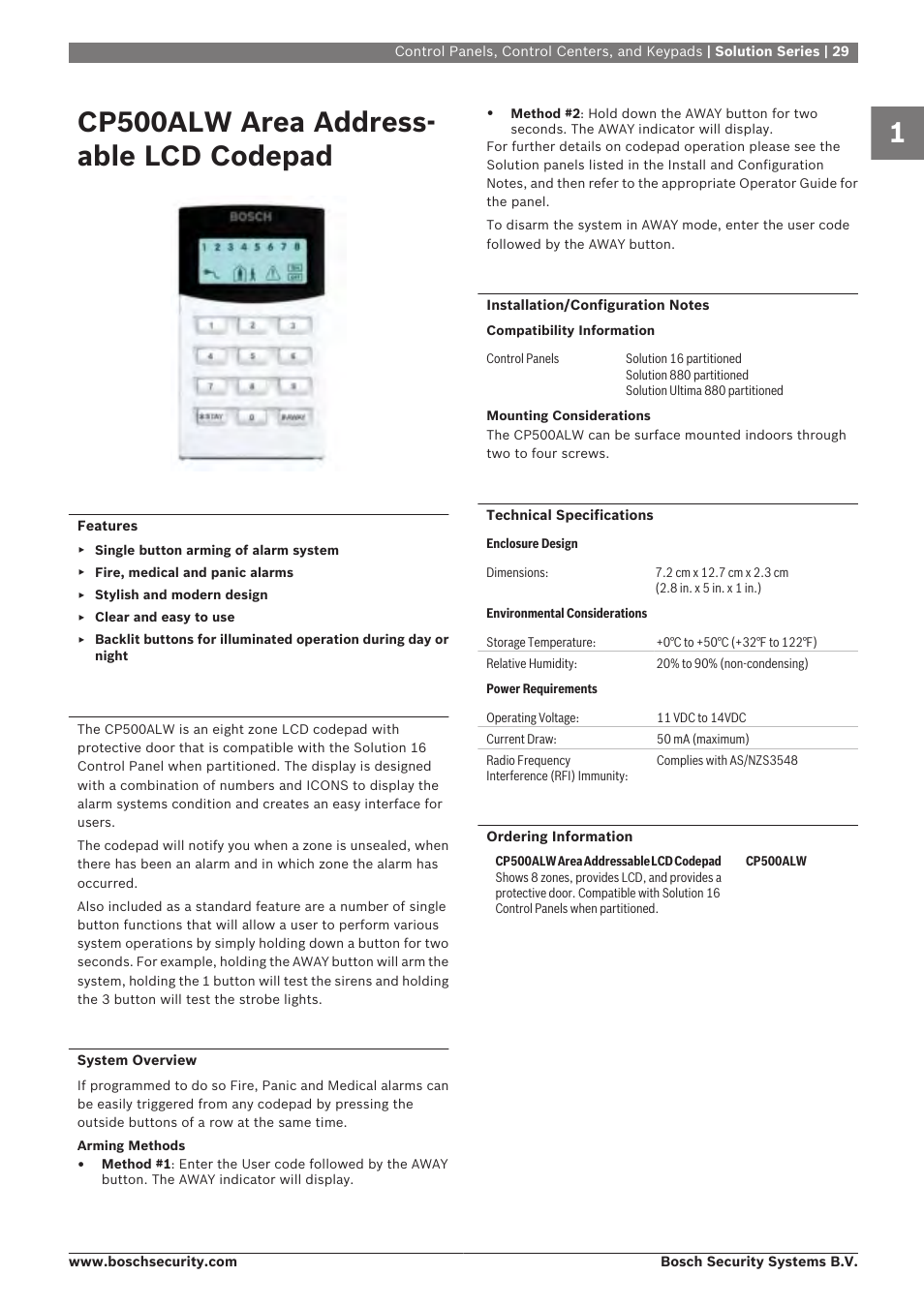 Cp500alw area addressable lcd codepad, Cp500alw area address- able lcd codepad | Bosch 8-Dec User Manual | Page 37 / 506