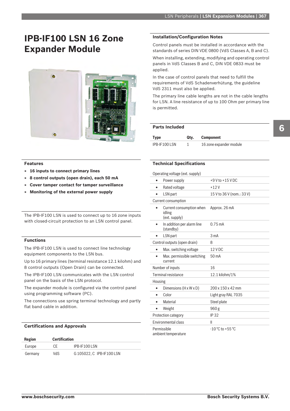 Ipb-if100 lsn 16 zone expander module, Lsn expansion modules | Bosch 8-Dec User Manual | Page 375 / 506