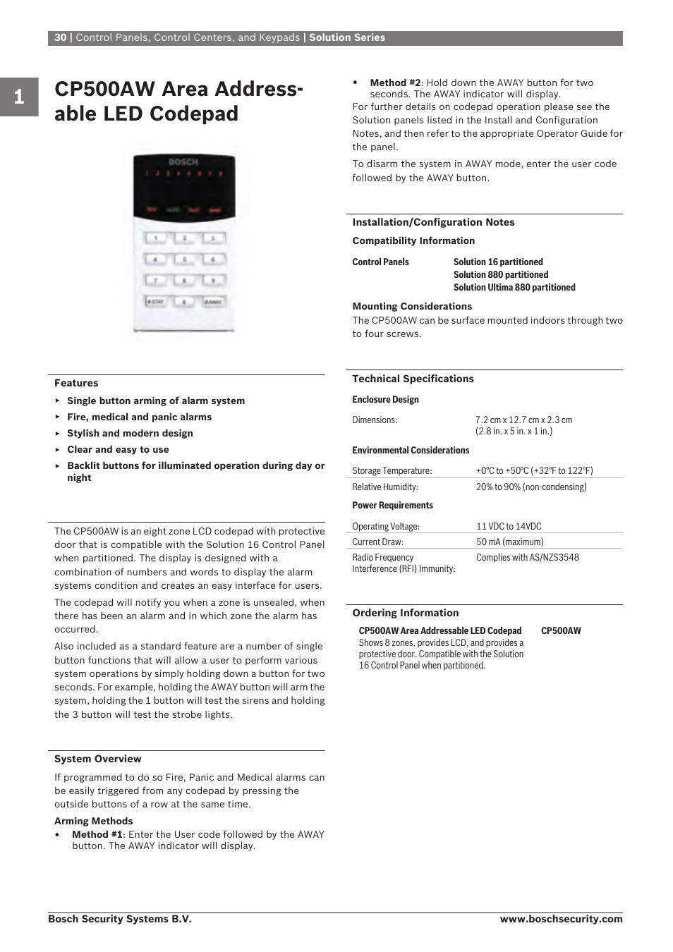 Cp500aw area addressable led codepad, Cp500aw area address- able led codepad | Bosch 8-Dec User Manual | Page 38 / 506