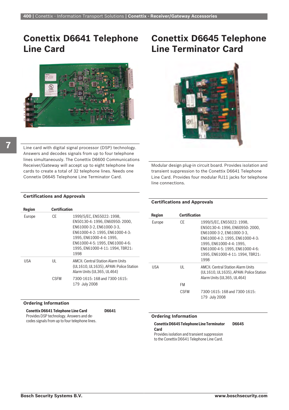 Conettix d6641 telephone line card, Conettix d6645 telephone line terminator card | Bosch 8-Dec User Manual | Page 408 / 506