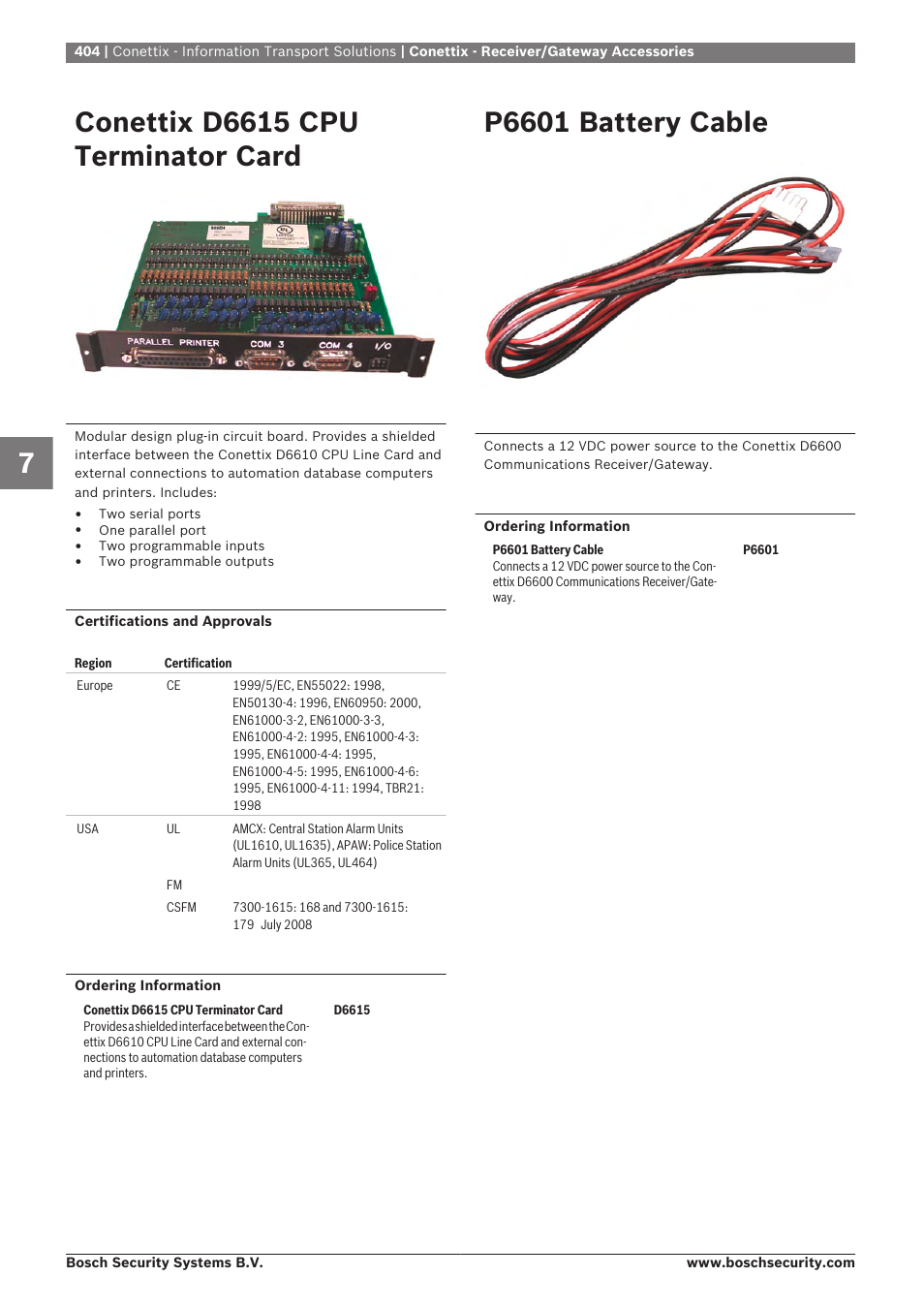 Conettix d6615 cpu terminator card, P6601 battery cable | Bosch 8-Dec User Manual | Page 412 / 506