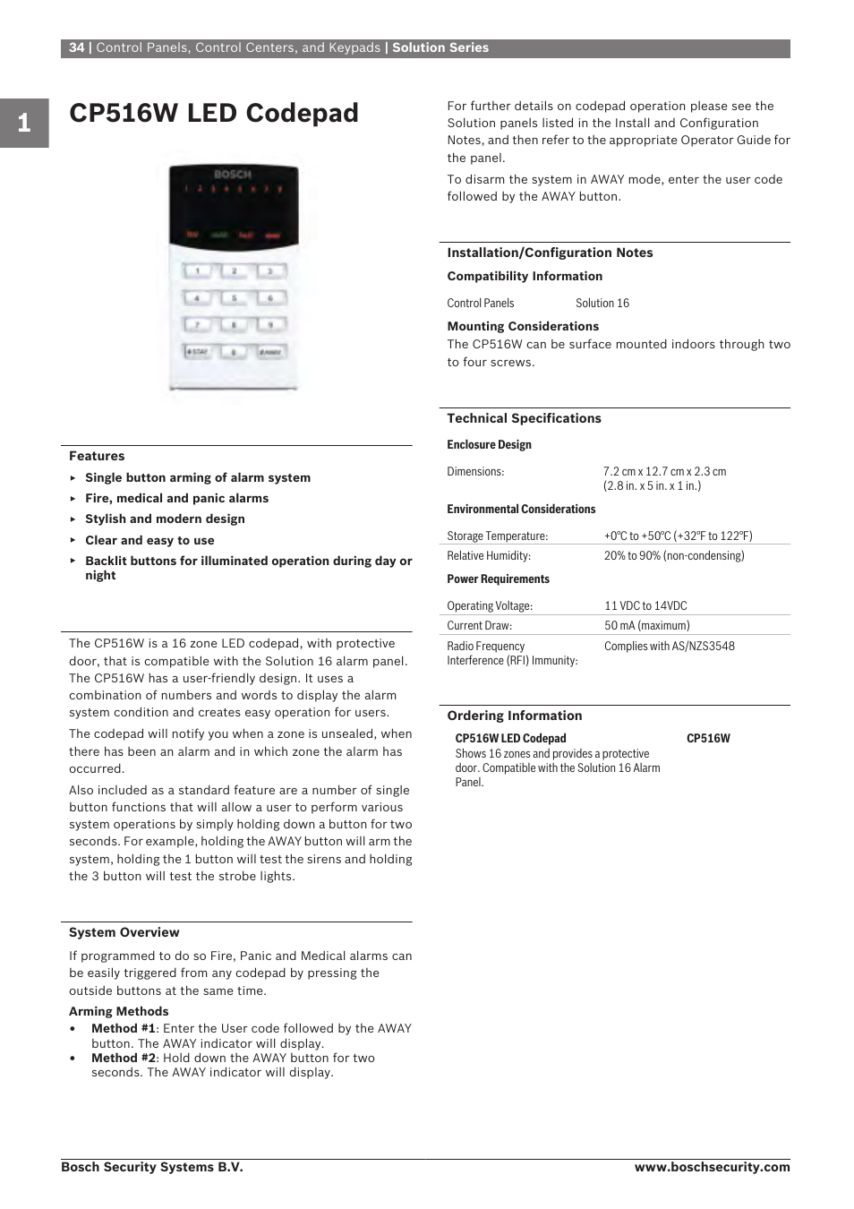 Cp516w led codepad | Bosch 8-Dec User Manual | Page 42 / 506