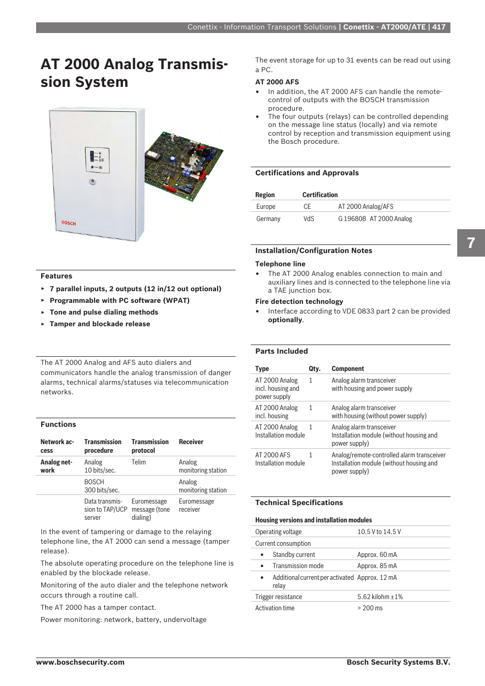 At 2000 analog transmission system, Conettix - at2000/ate, At 2000 analog transmis- sion system | Bosch 8-Dec User Manual | Page 425 / 506