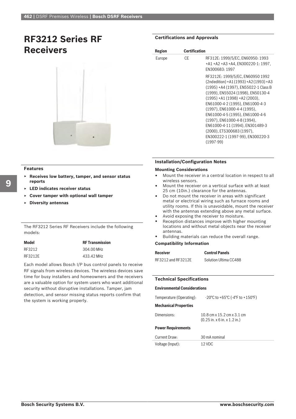 Rf3212 series rf receivers, Bosch dsrf receivers | Bosch 8-Dec User Manual | Page 470 / 506