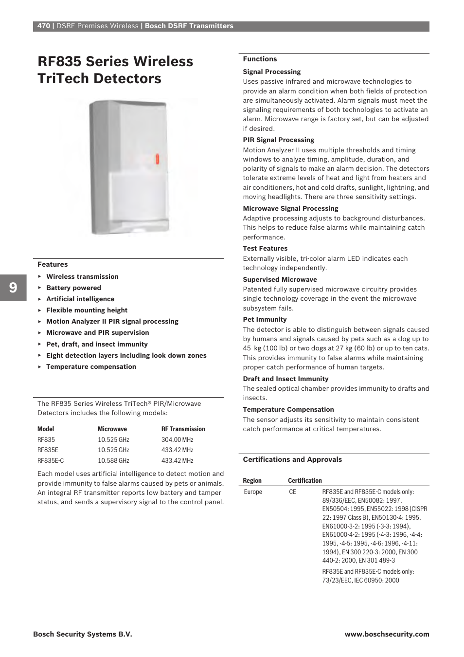 Rf835 series wireless tritech detectors | Bosch 8-Dec User Manual | Page 478 / 506