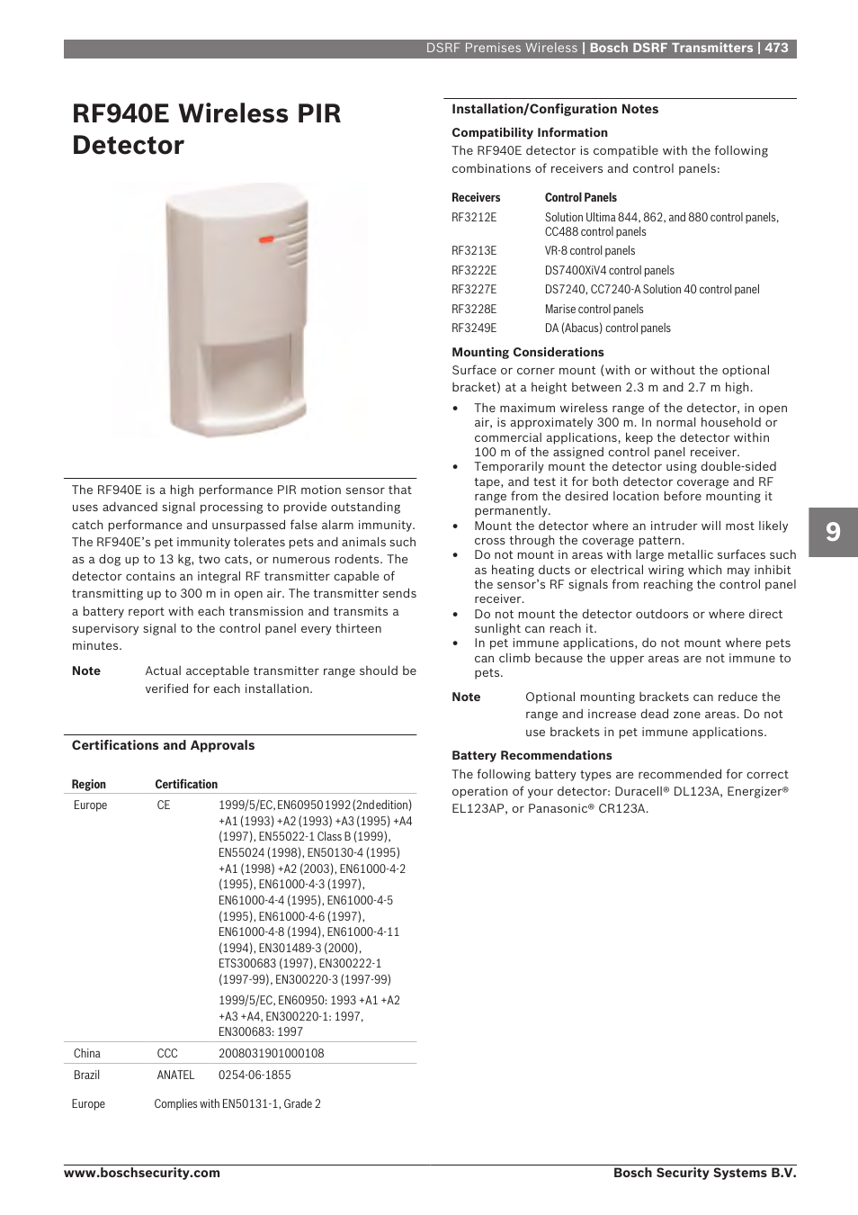 Rf940e wireless pir detector | Bosch 8-Dec User Manual | Page 481 / 506