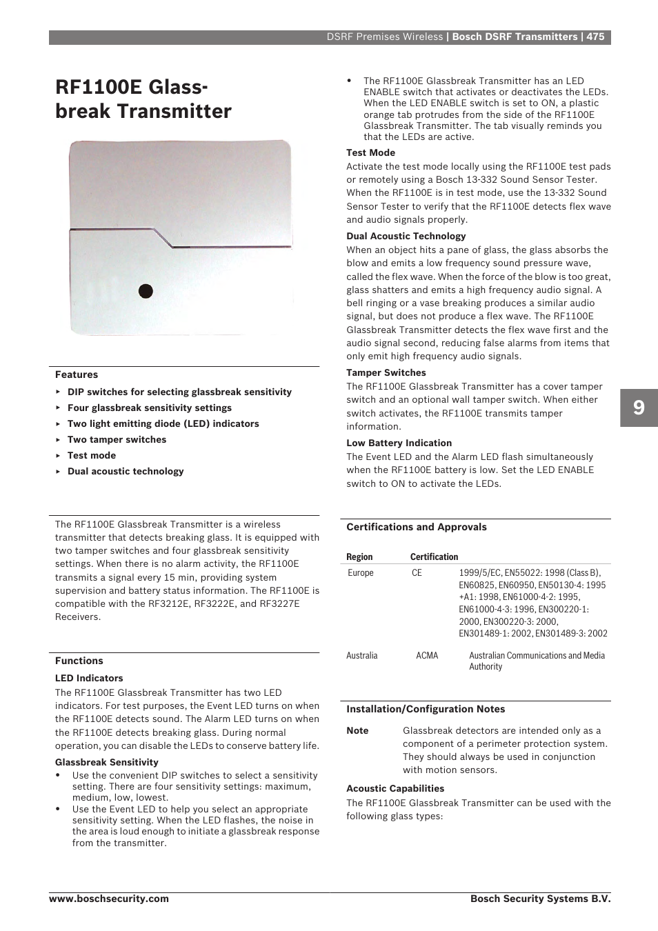 Rf1100e glassbreak transmitter, Rf1100e glass- break transmitter | Bosch 8-Dec User Manual | Page 483 / 506