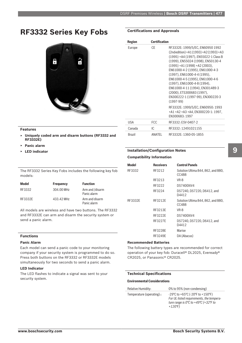Rf3332 series key fobs | Bosch 8-Dec User Manual | Page 485 / 506