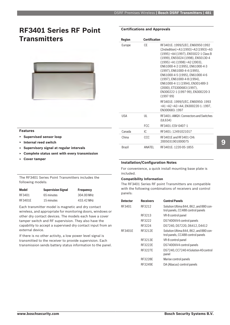 Rf3401 series rf point transmitters | Bosch 8-Dec User Manual | Page 489 / 506