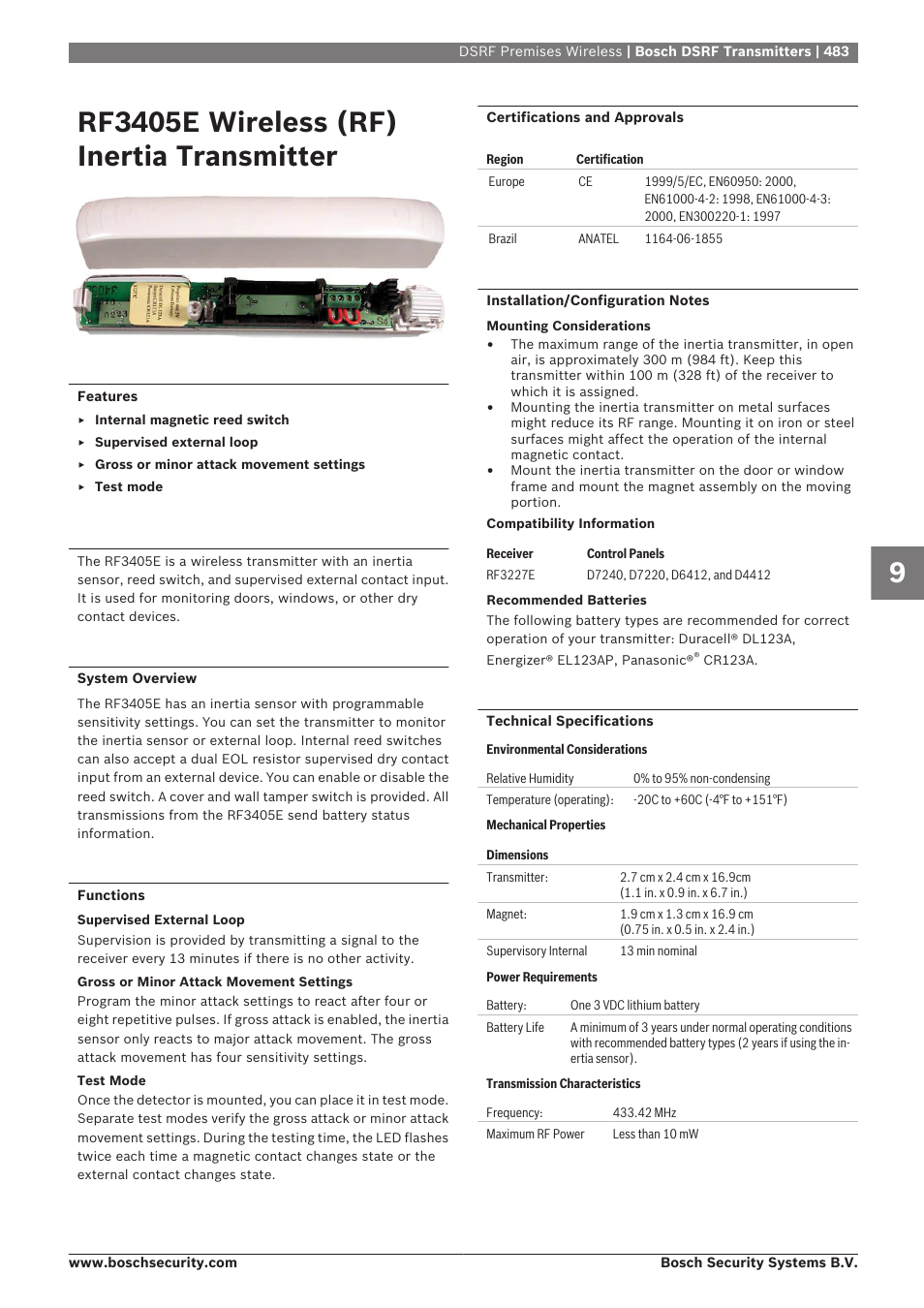 Rf3405e wireless (rf) inertia transmitter | Bosch 8-Dec User Manual | Page 491 / 506