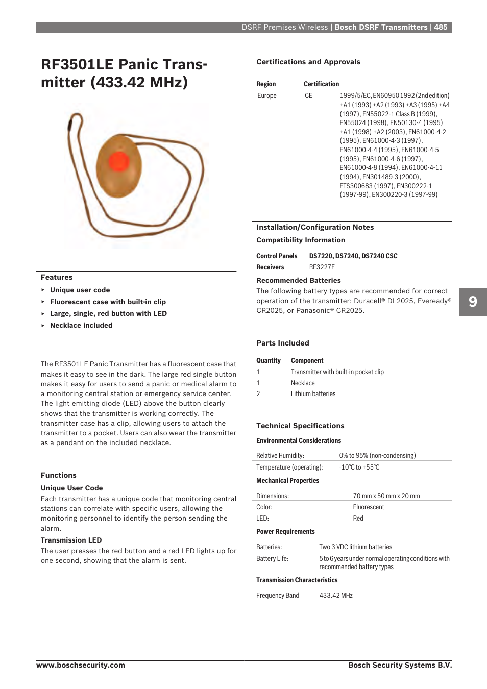 Rf3501le panic transmitter (433.42 mhz) | Bosch 8-Dec User Manual | Page 493 / 506