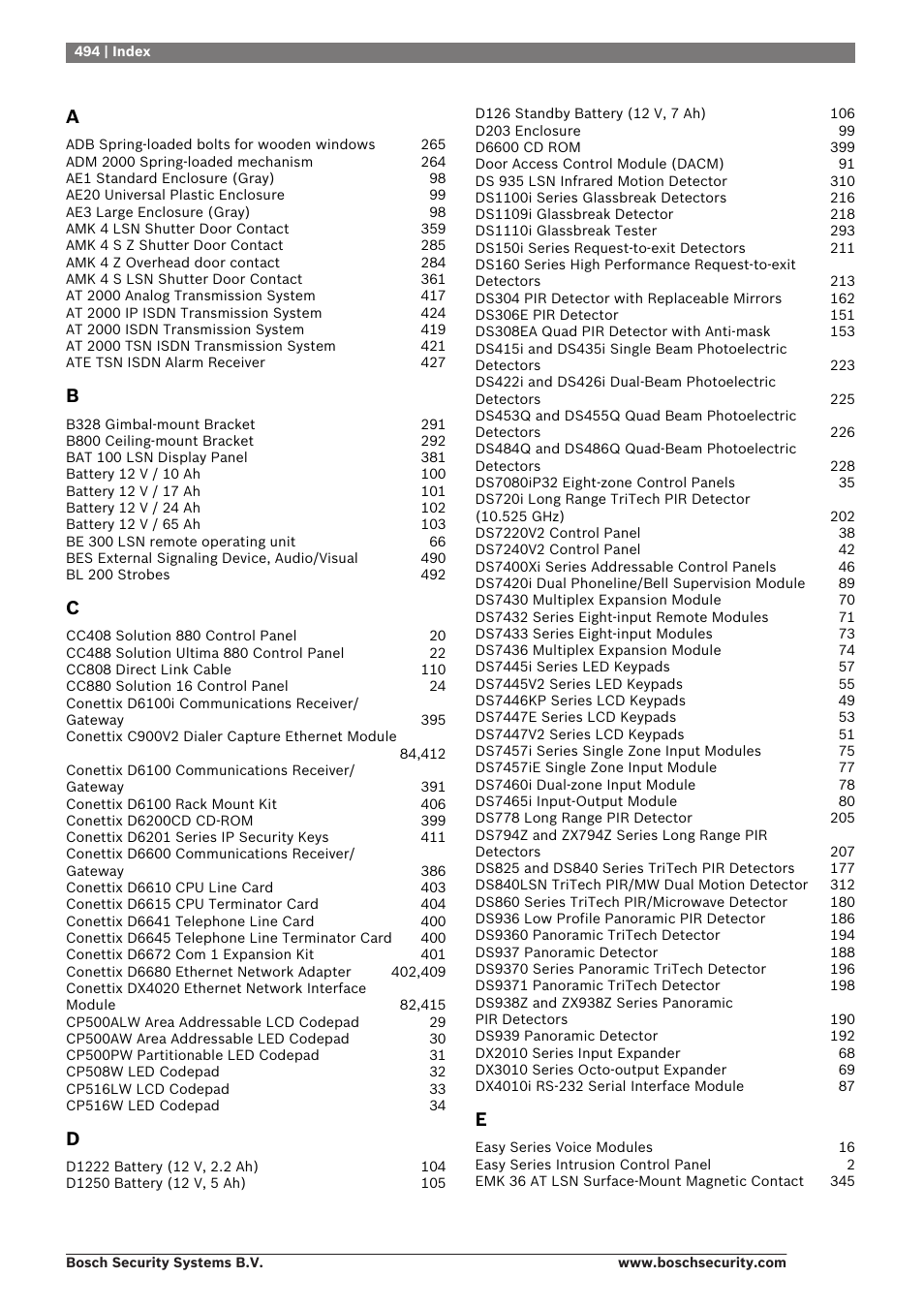 Index | Bosch 8-Dec User Manual | Page 502 / 506