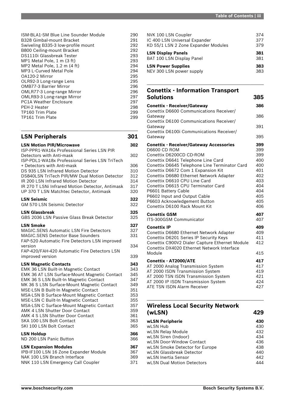 Lsn peripherals 301, Conettix - information transport solutions 385, Wireless local security network (wlsn) 429 | Bosch 8-Dec User Manual | Page 7 / 506