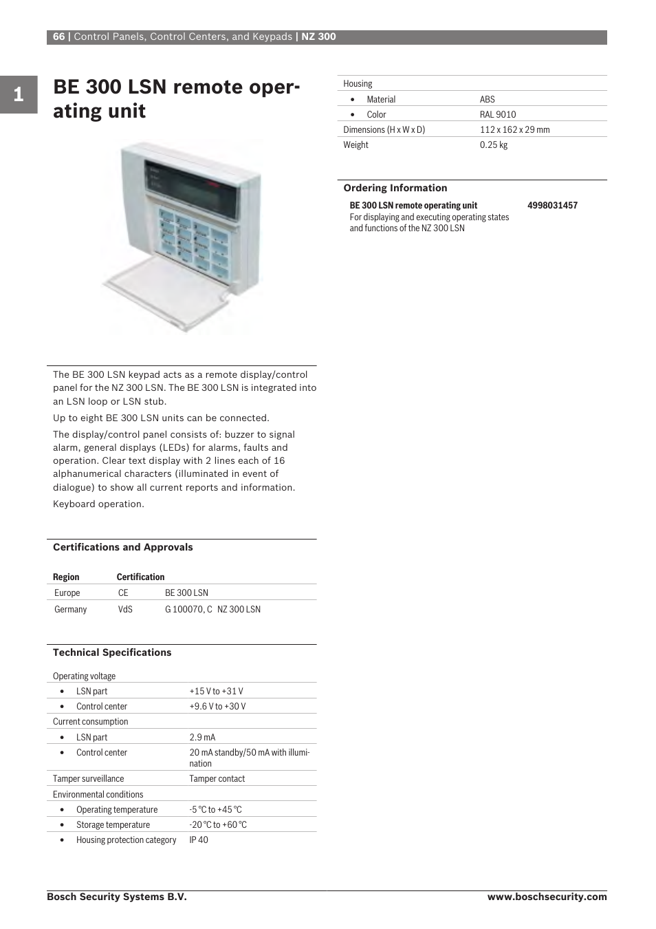 Be 300 lsn remote operating unit, Be 300 lsn remote oper- ating unit | Bosch 8-Dec User Manual | Page 74 / 506