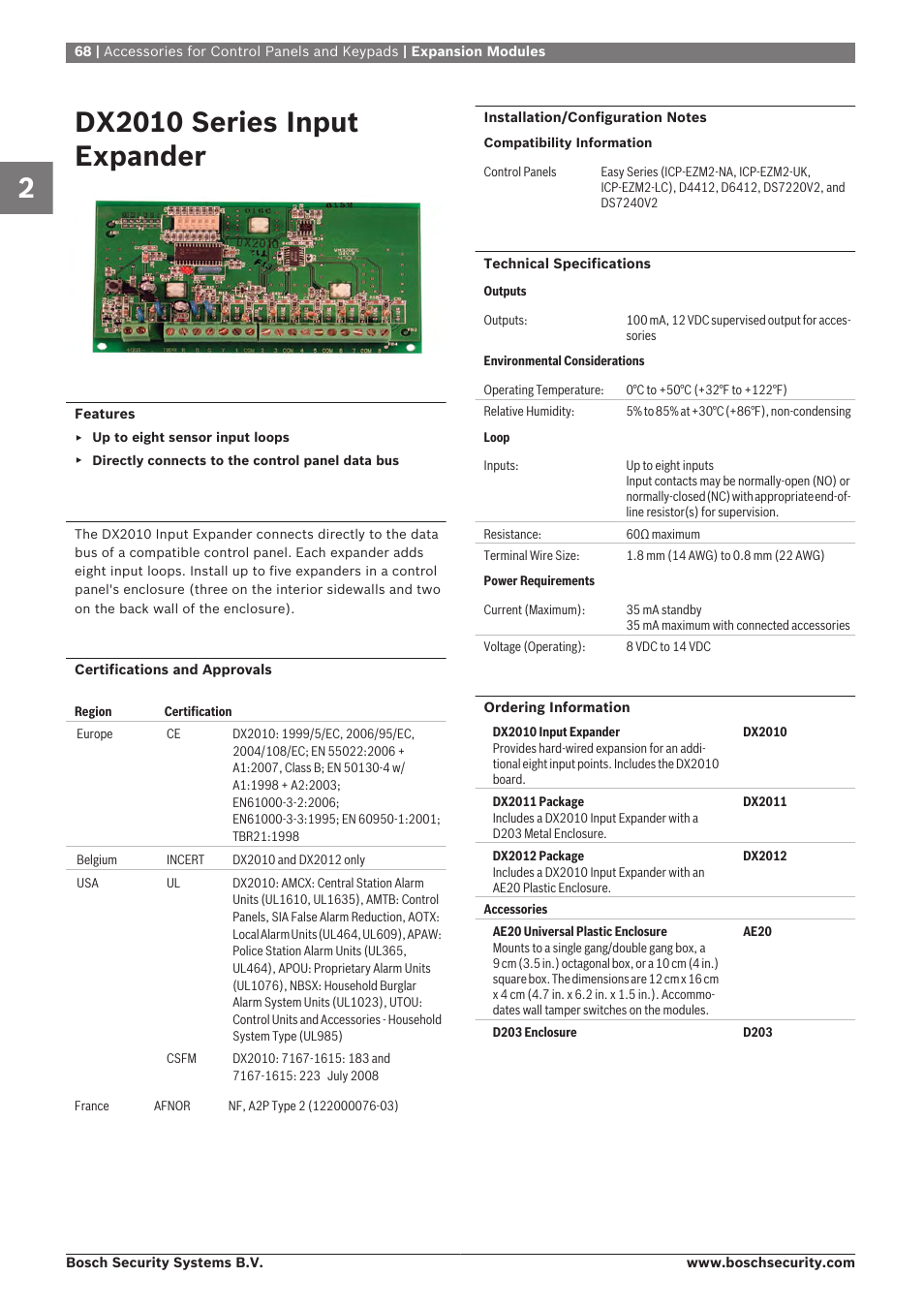 Dx2010 series input expander, Expansion modules | Bosch 8-Dec User Manual | Page 76 / 506
