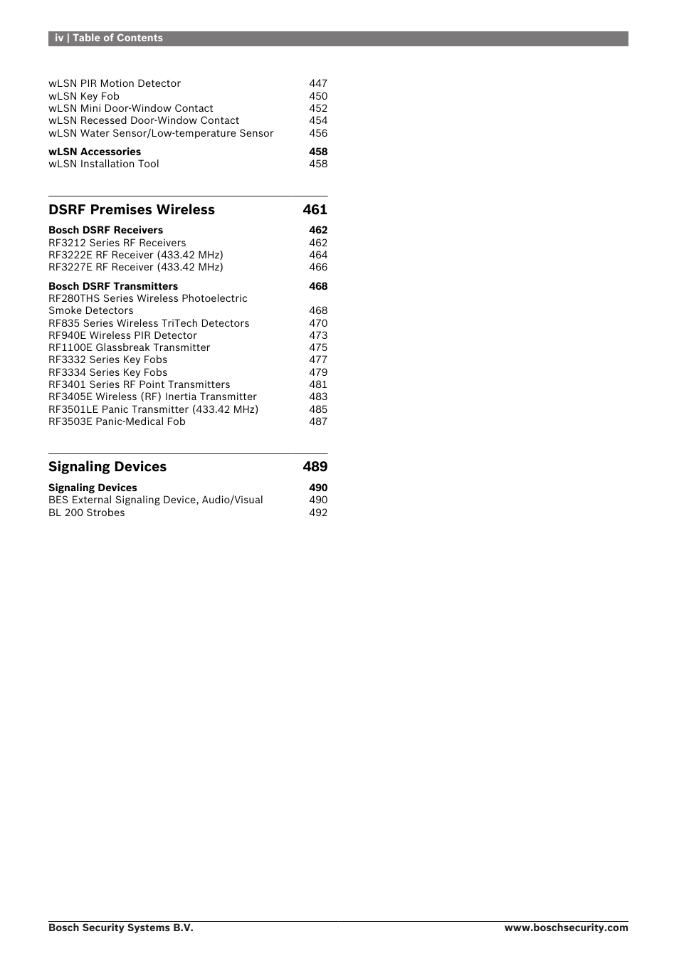 Dsrf premises wireless 461, Signaling devices 489 | Bosch 8-Dec User Manual | Page 8 / 506
