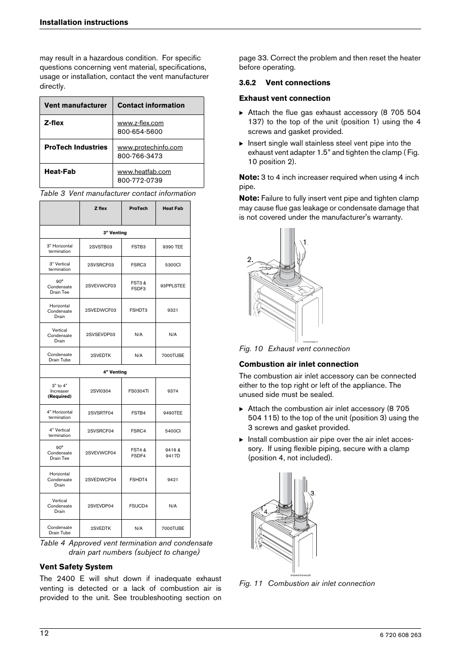 Table 3 vent manufacturer contact information | Bosch AQUA STAR 2400E LP User Manual | Page 12 / 48