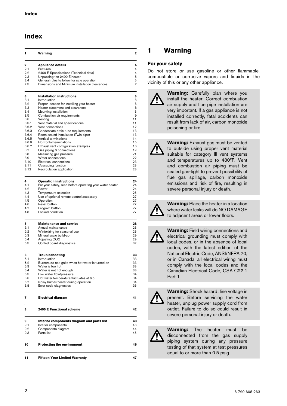 Index, 1warning, 2index | Bosch AQUA STAR 2400E LP User Manual | Page 2 / 48