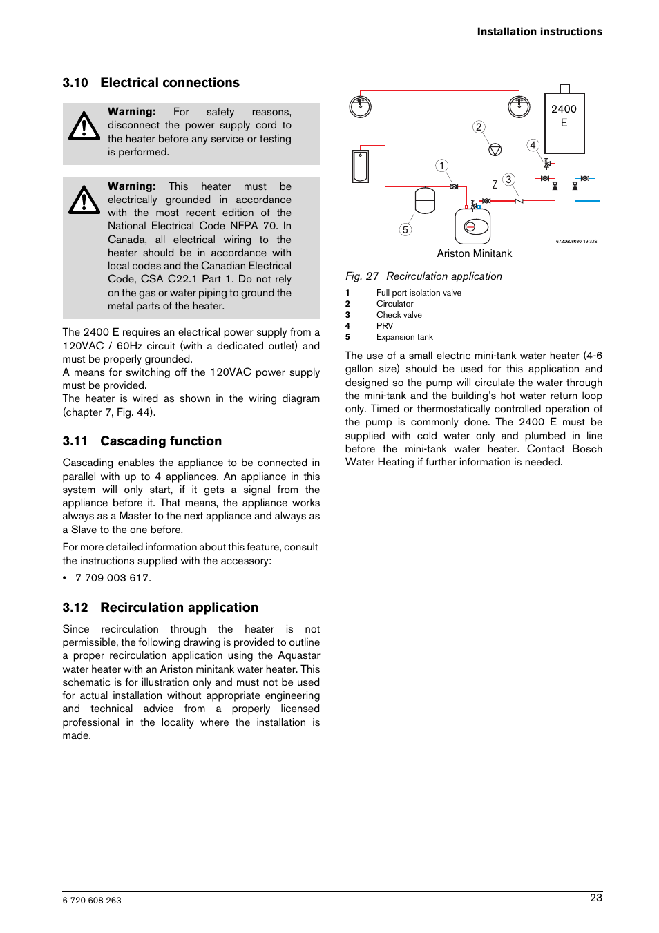 10 electrical connections, 11 cascading function, 12 recirculation application | Bosch AQUA STAR 2400E LP User Manual | Page 23 / 48