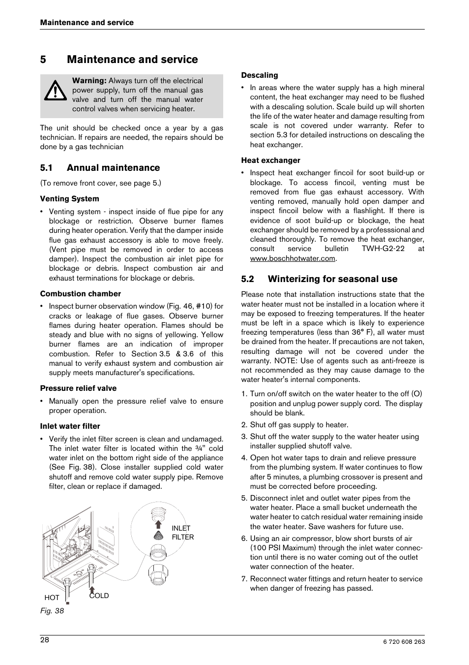 5maintenance and service, 1 annual maintenance, 2 winterizing for seasonal use | Bosch AQUA STAR 2400E LP User Manual | Page 28 / 48