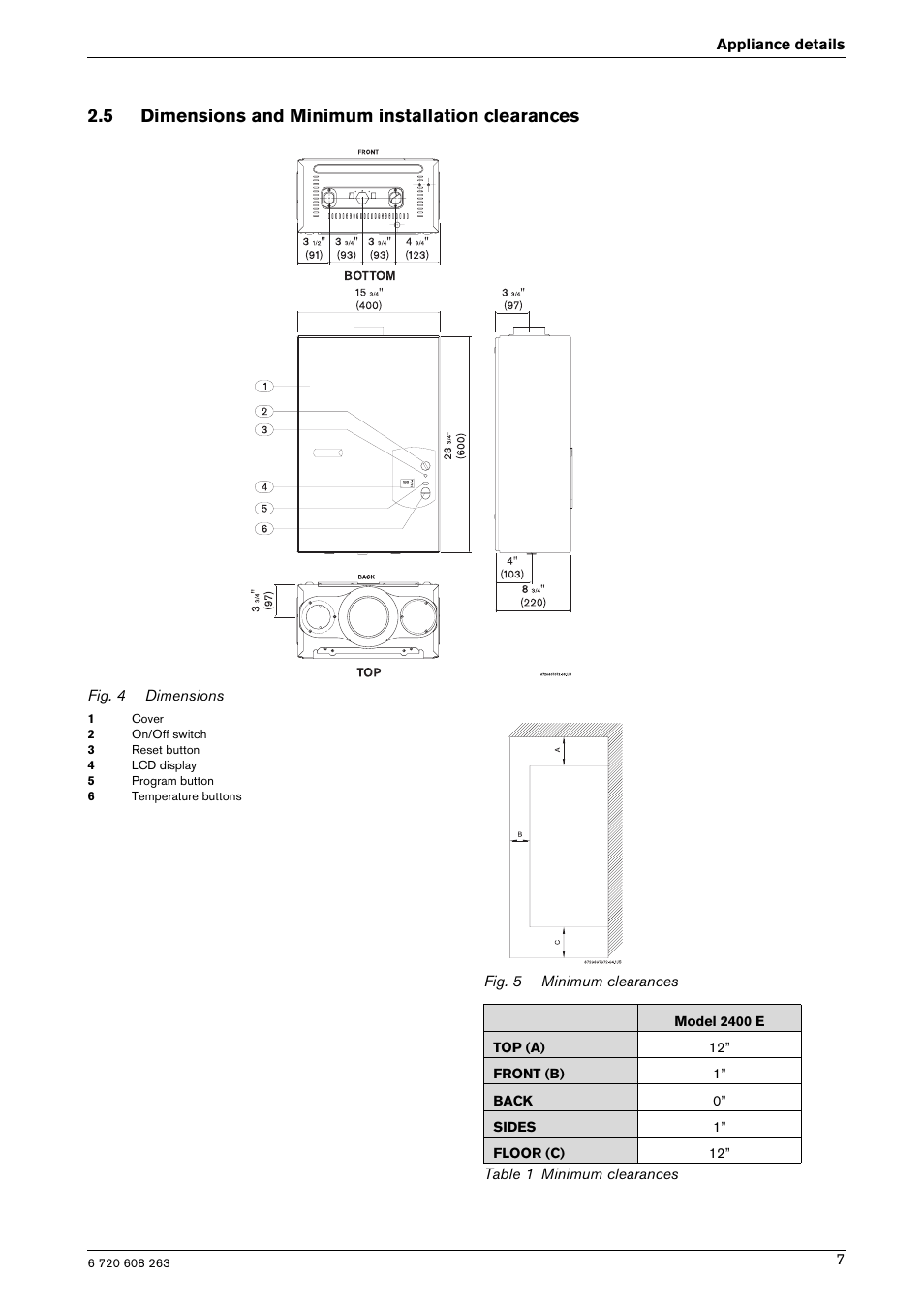 5 dimensions and minimum installation clearances | Bosch AQUA STAR 2400E LP User Manual | Page 7 / 48