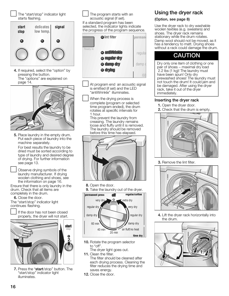 Caution, Using the dryer rack | Siemens WTXD5321US User Manual | Page 16 / 64