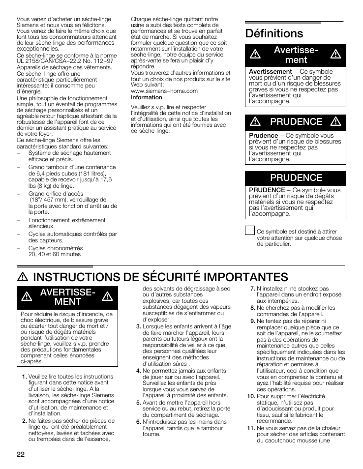 Définitions d, D instructions de sécurité importantes d, Avertisseć ment | Prudence | Siemens WTXD5321US User Manual | Page 22 / 64